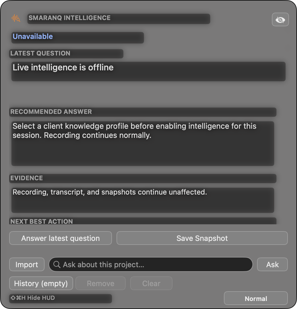 SmaranQ private intelligence HUD development preview