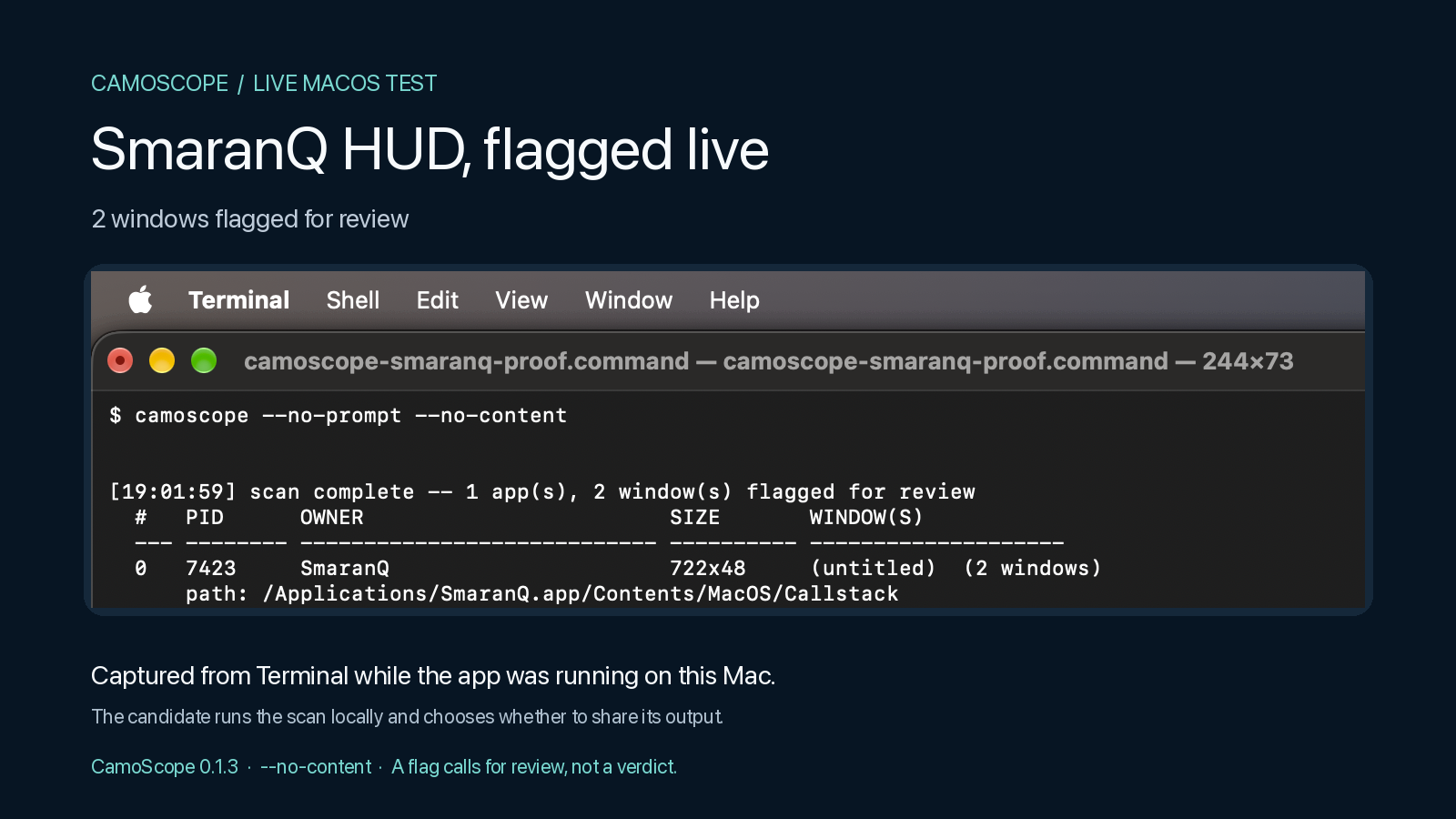 Camoscope live test flagging hidden-from-capture SmaranQ windows